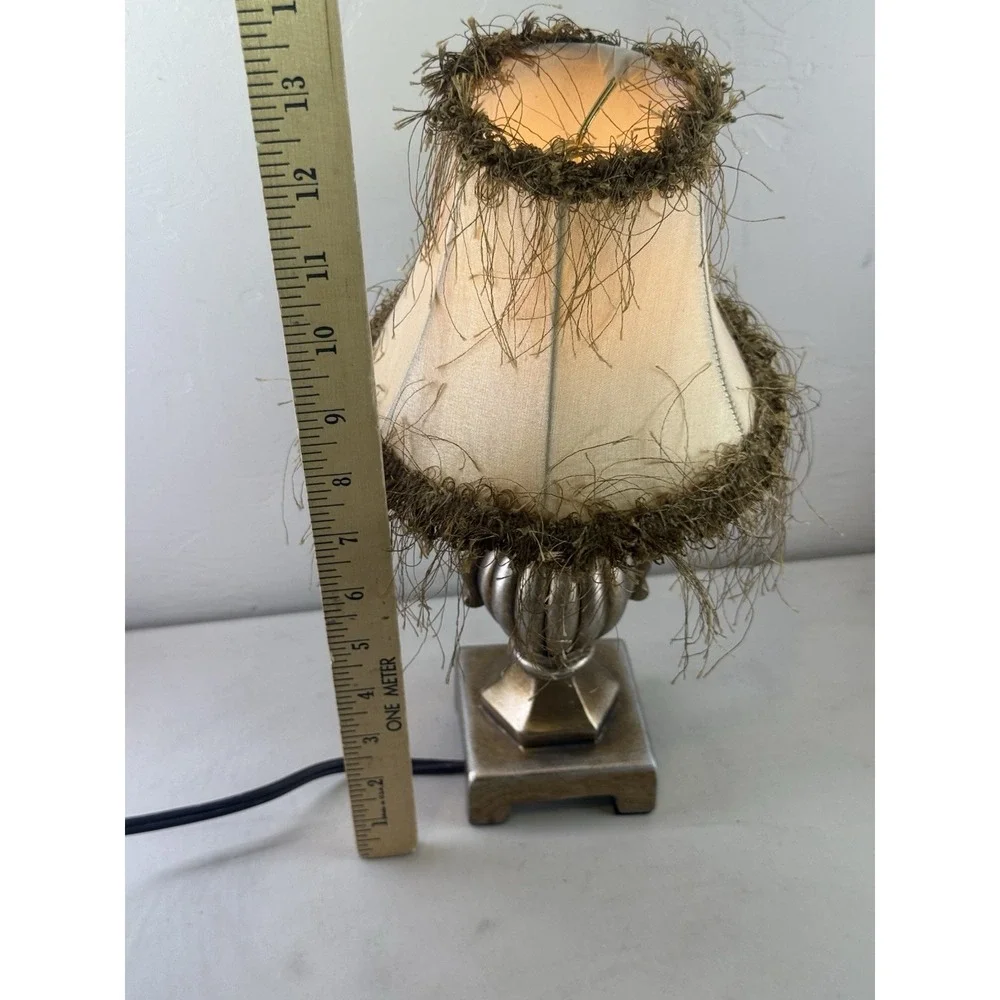 Vintage Antique Bronze Mini Accent Lamp Fringed Fabric Bell Shade Nightlight 13